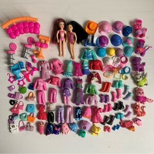Polly Pocket Lot - 2 Dolls, Glitter Pets, Clothes, Accessories